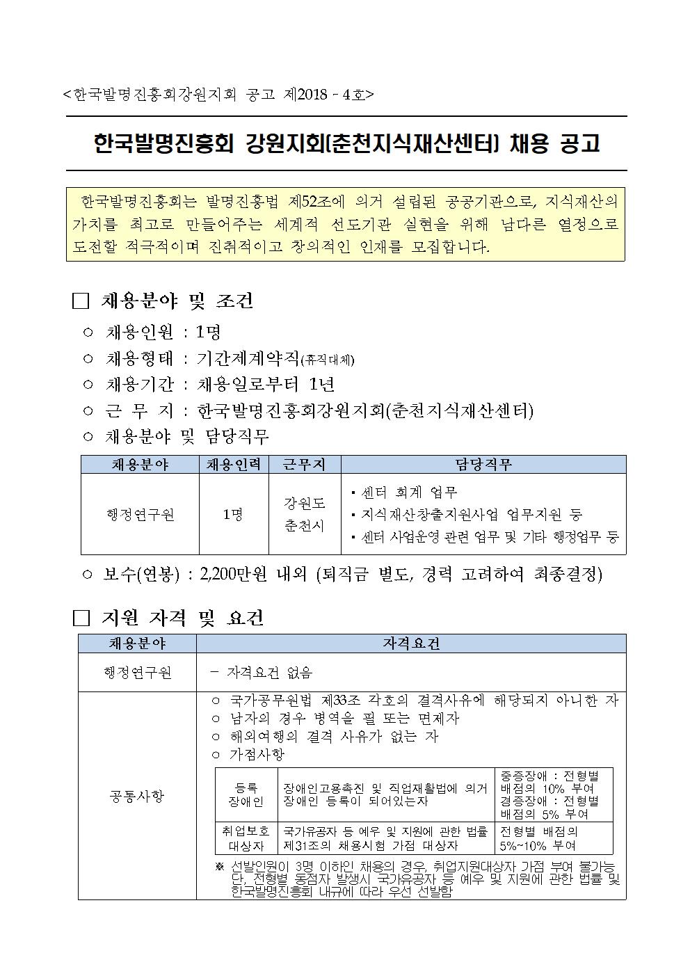 공지사항 읽기([채용공고] 한국발명진흥회 강원지회 직원 채용(~12.31)) 한국발명진흥회